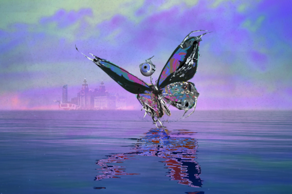 Computer generated butterfly with human eyeball on top, gliding across purple river