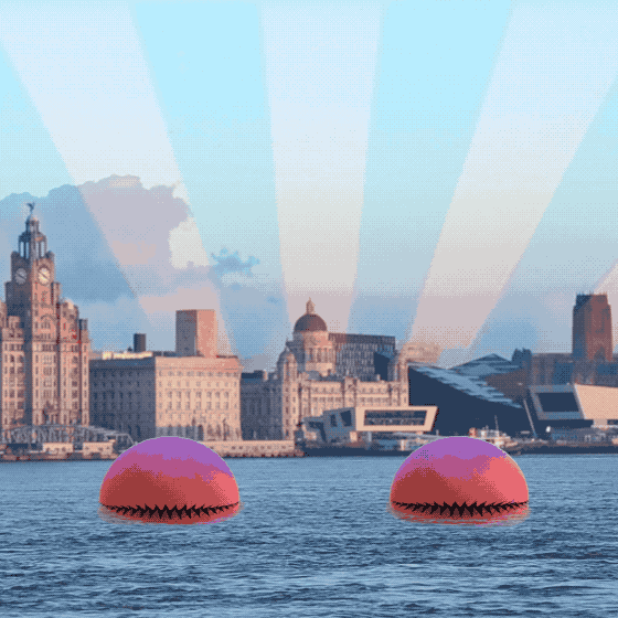 Eyes floating on the River Mersey opening and closing, with rainbow overhead