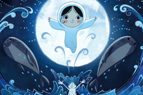 Animated picture of child in front of the moon with two seals either side