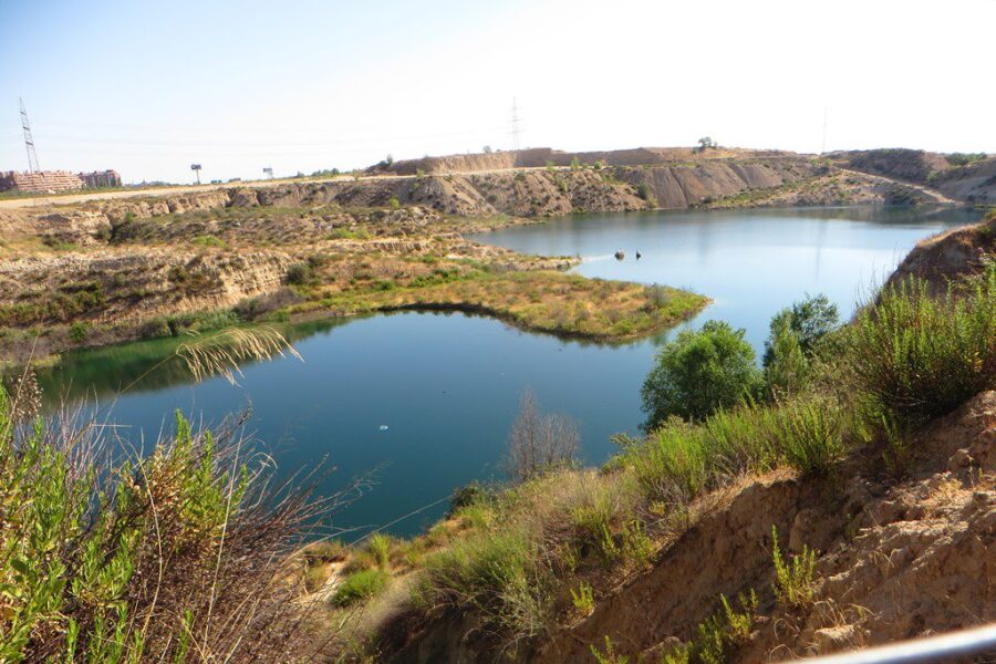 Caption: A photograph of Ambroz lake with two ducks swimming.At the back in the far distance, there is a set of flats.