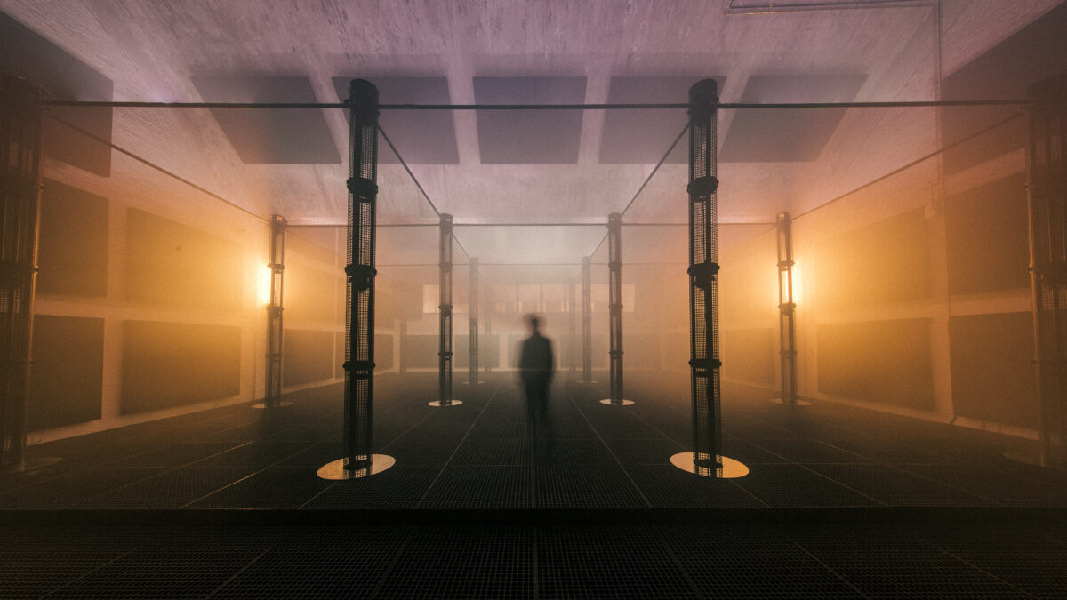 MONOM soundscape installation with person standing inside.