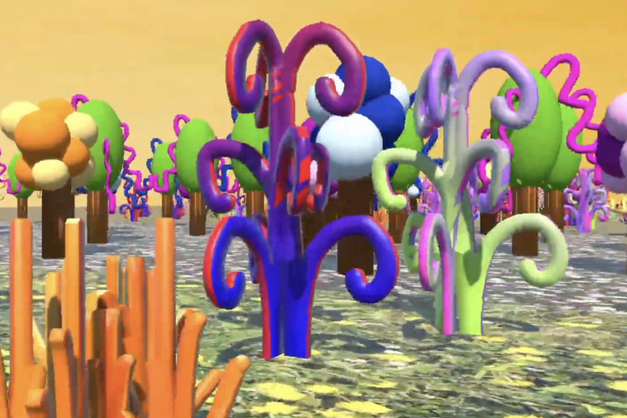 Brightly coloured gaming enviornment with abstract trees and bushes against a yellow sky.